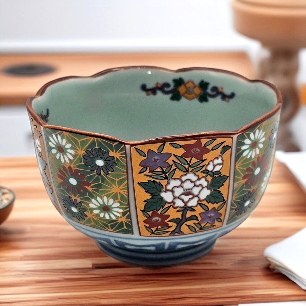 Hand Painted Porcelain Arita Imari Fan Soup Bowl, Japanese Floral Candy Dish